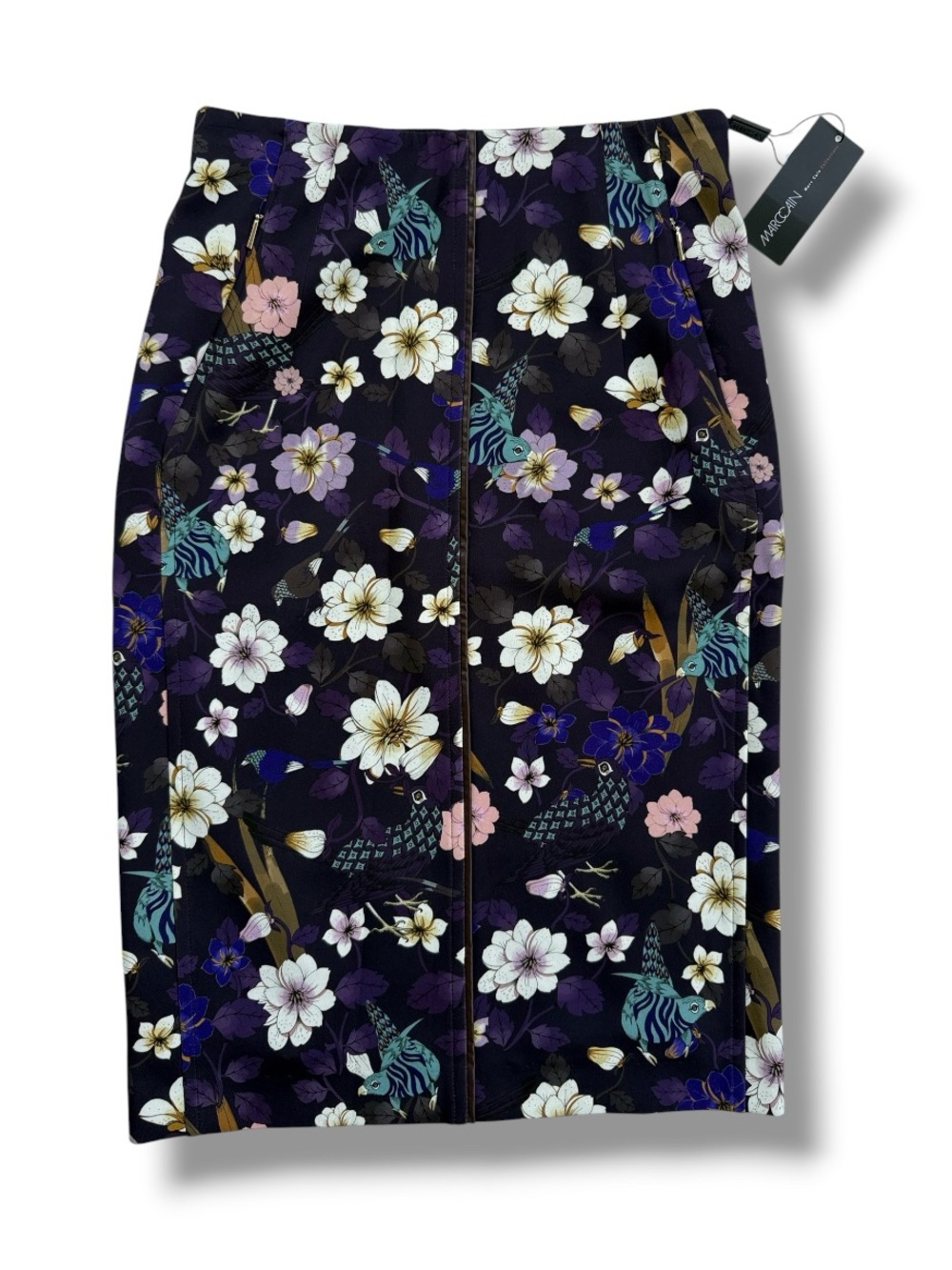 NWT Marc Cain Floral Print Pencil Midi Skirt W/Leather Pleat Detail Size N2